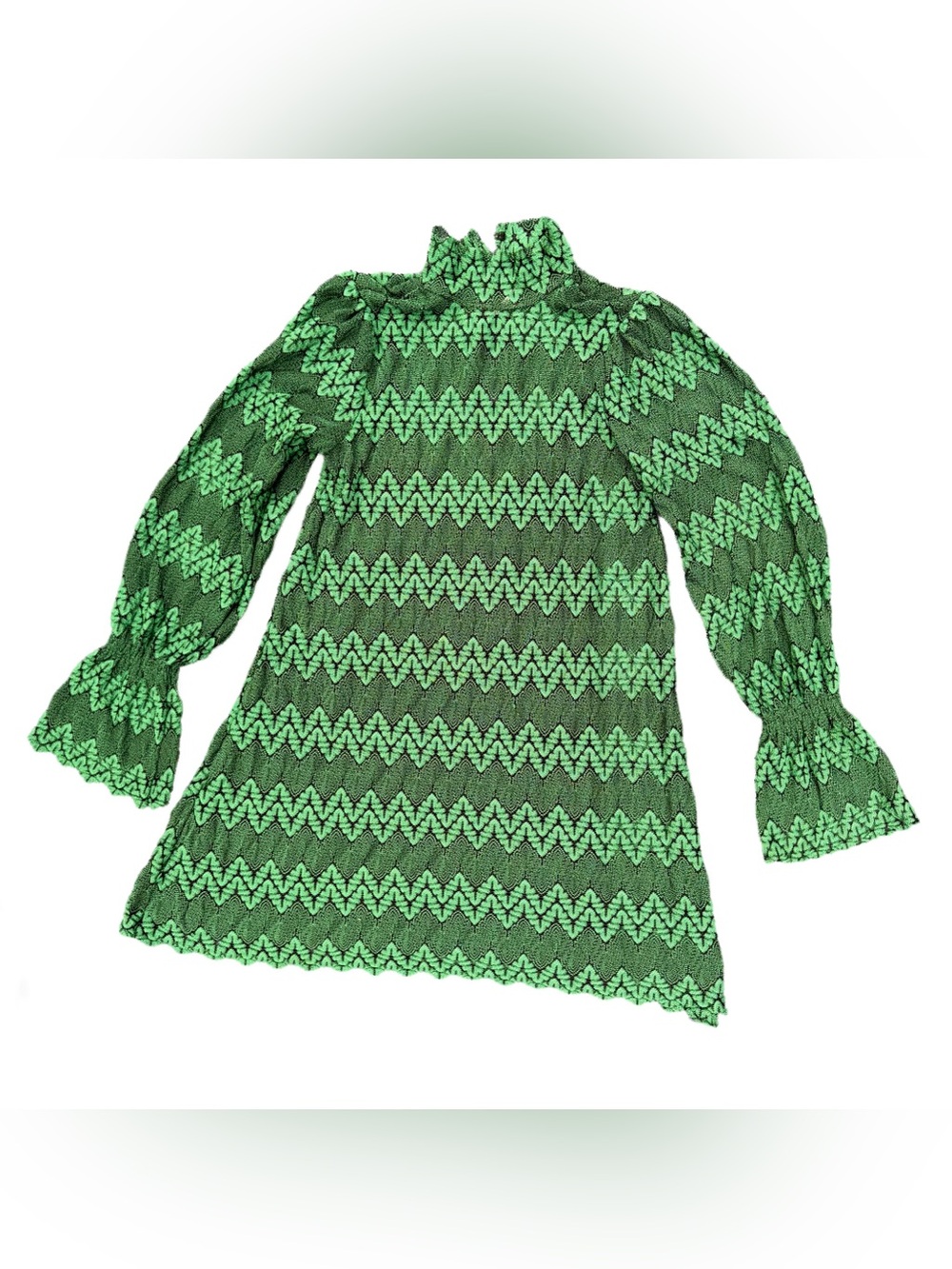 Free People Simone Green Lace Chevron Mock Neck Mini Dress Small Bell Sleeve